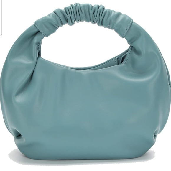 The Drop Handbags - The Drop Addison Soft Faux Leather Ruched Top Handle Bag. Dusty Blue